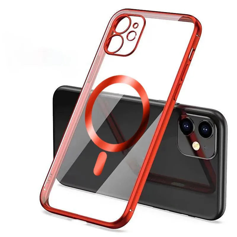 Electroplated magnetic suction mobile phone case for iPhone in silver, blue, black, gold and purple colours.