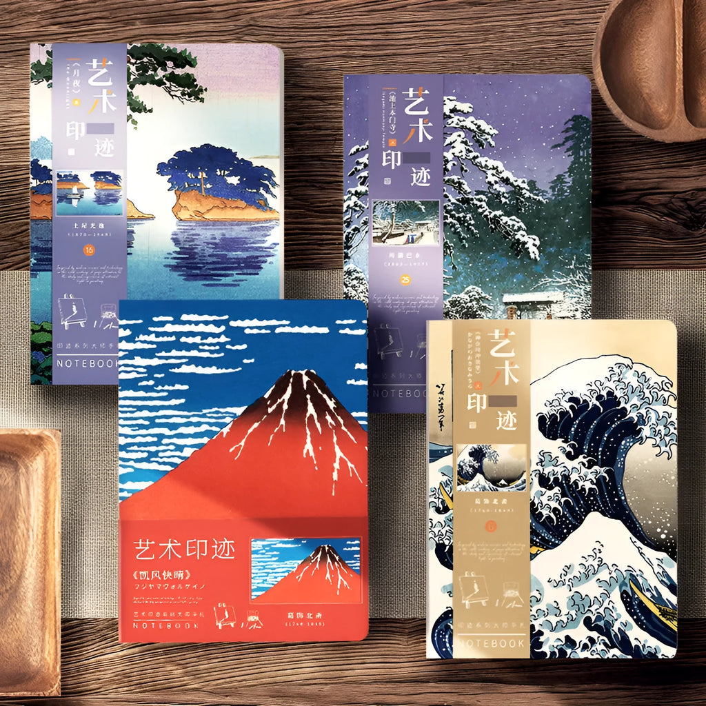 Ukiyo-e art hand ledger notebook open showing retro Japanese wave print cover and lined Daolin paper pages.
