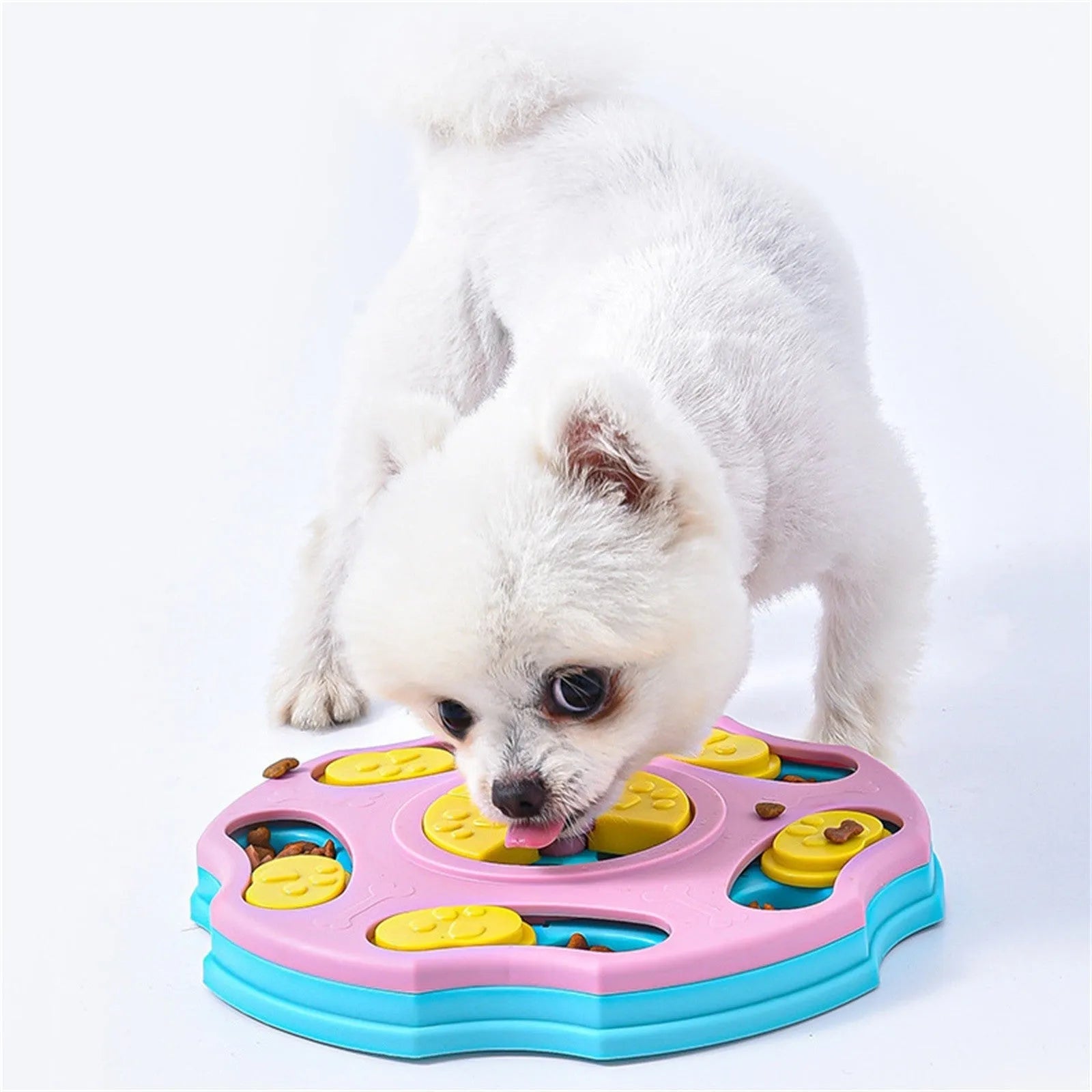 Blue plastic dog puzzle feeder toy with interactive food searching compartments for aggressive chewers
