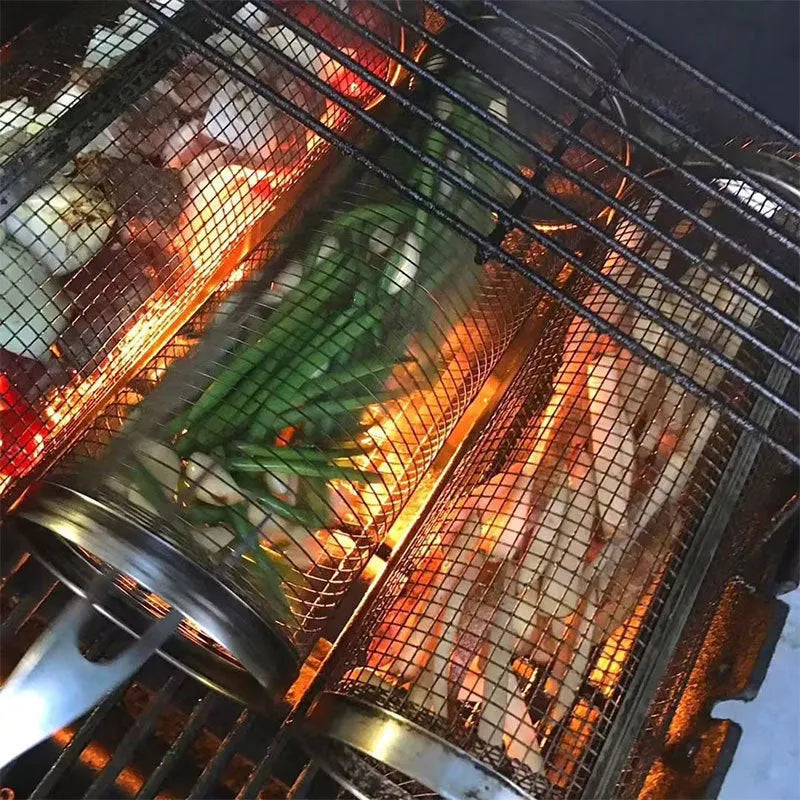 Stainless steel cylindrical rolling barbecue grill basket with wire mesh, shown with a hook.