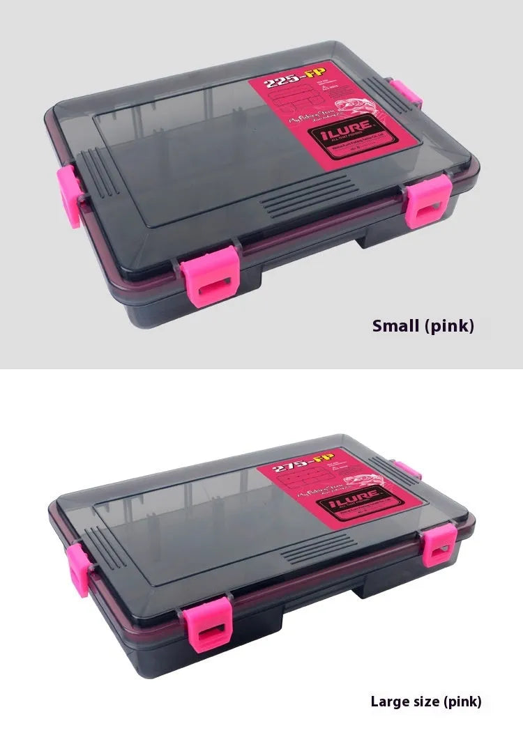 Blue plastic fishing lure storage box with compartments, shown next to a green box of the same design.