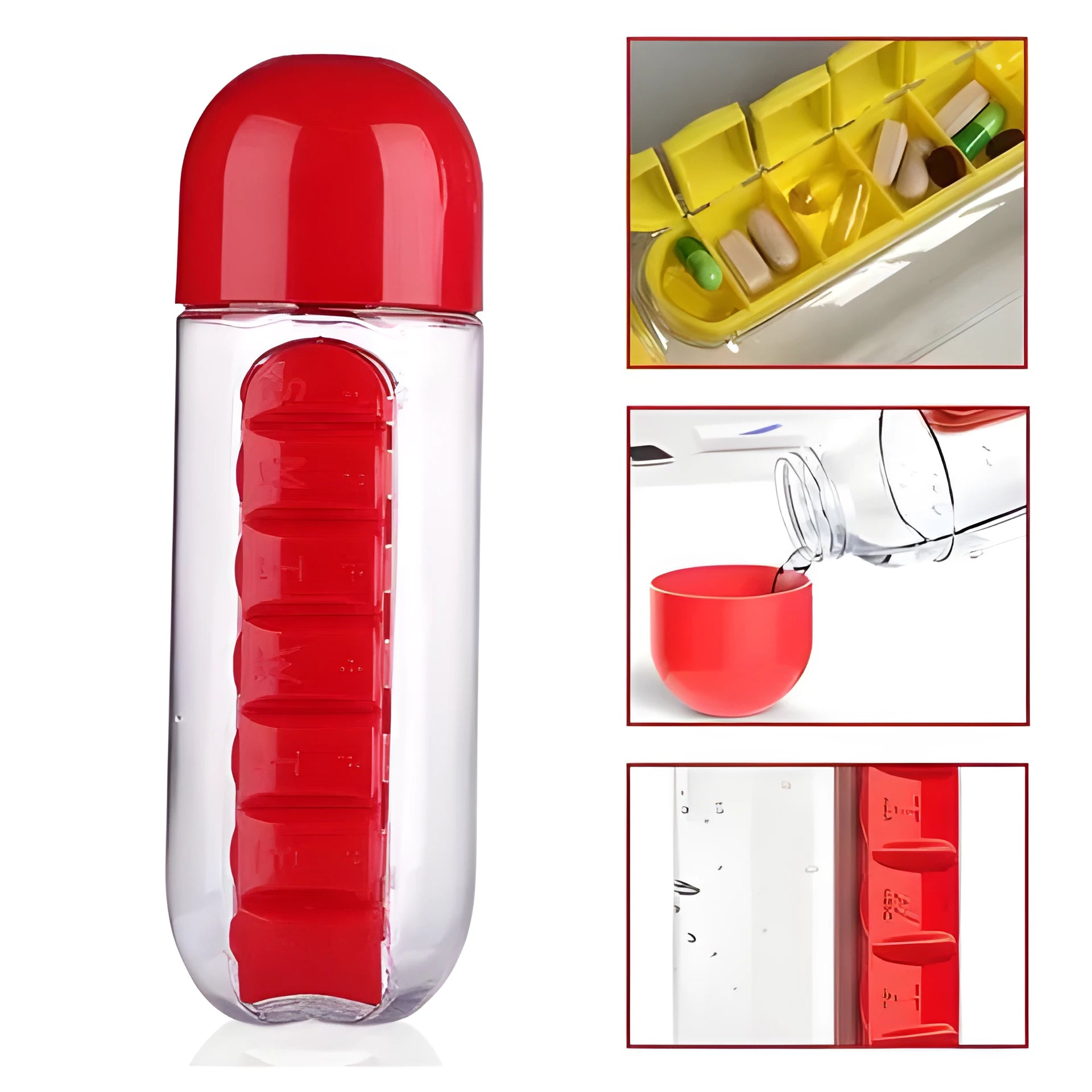Creative wrist capsule water cup with medicine box 600ml in black, showing lid with integrated pill compartment