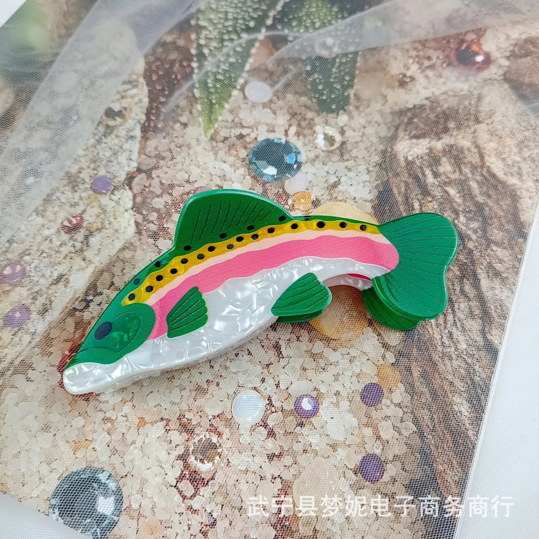 Dark green PVC hair clip with printed rainbow trout and carp design
