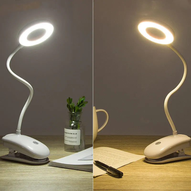 Clip-on rechargeable desk lamp with plastic shade and touch switch in a modern simple design
