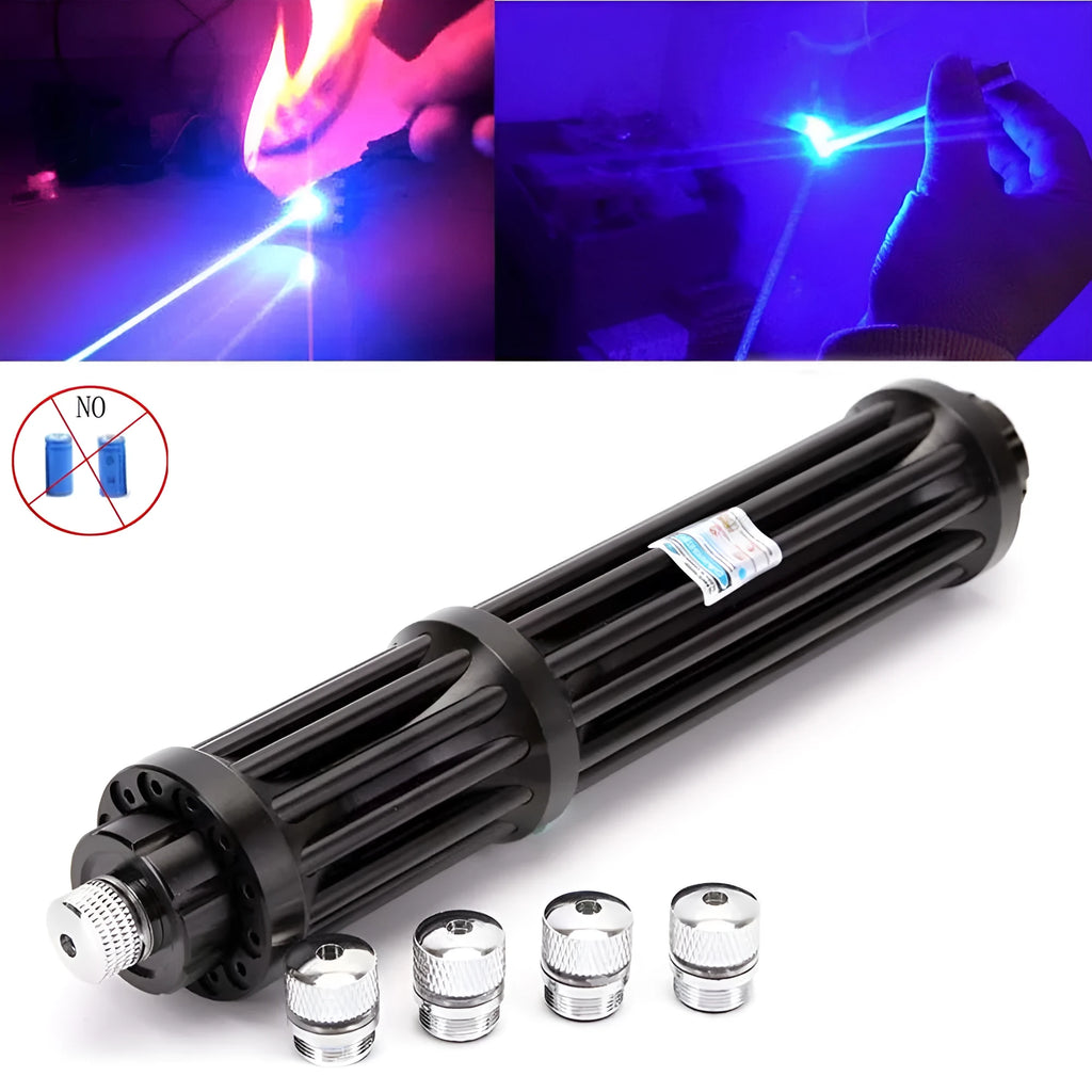 Black anodised aluminium extended flashlight with blue laser pointer, showing tail switch and 18650 battery.