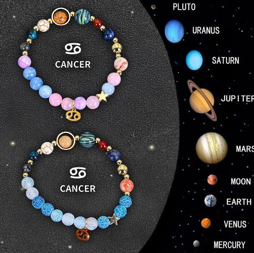 Two natural stone beaded bracelets for zodiac signs, laid out on a surface.