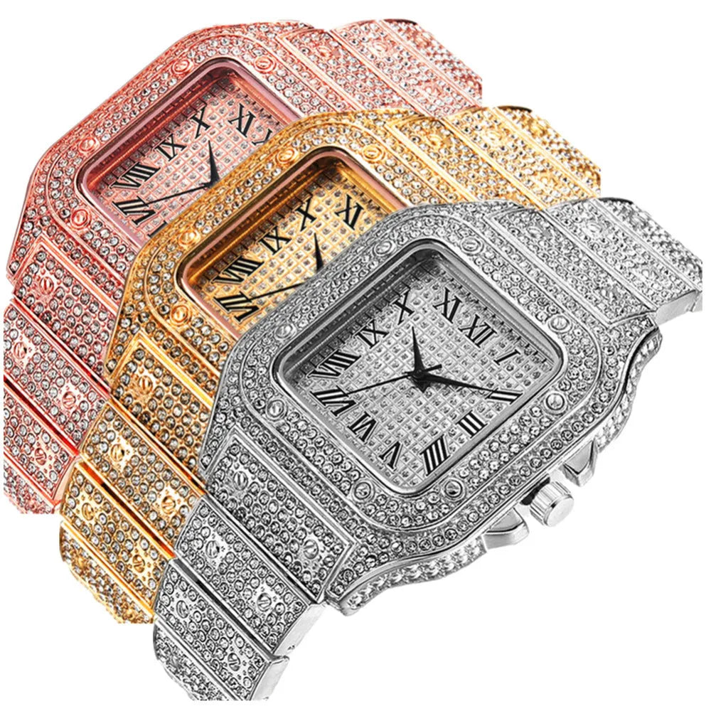 Roman numeral quartz watch with square diamond-studded dial and black mesh band, shown with matching bracelet and necklace.