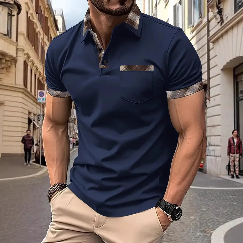 Men's loose fit short sleeve t-shirt with colourblock plaid design and zip decoration.