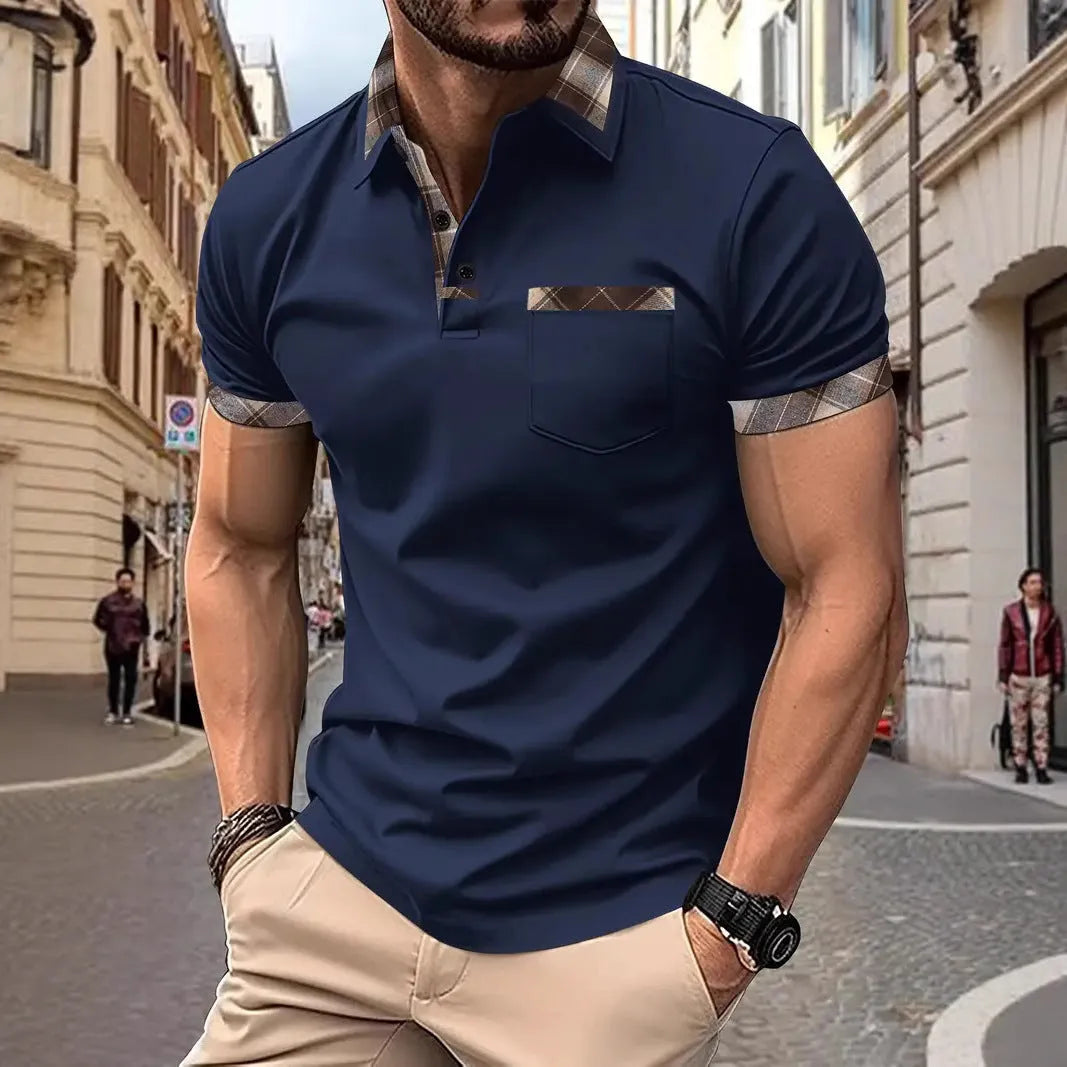 Men's loose fit short sleeve t-shirt with colourblock plaid design and zip decoration.