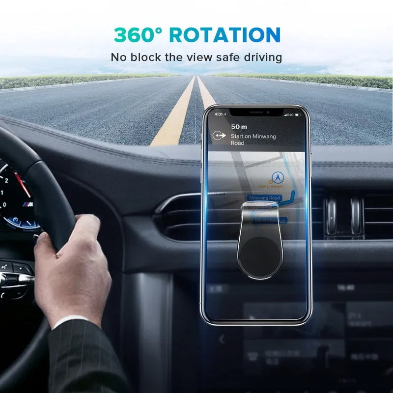 Car phone bracket mounted on vehicle air vent in silver finish showing rotation adjustment
