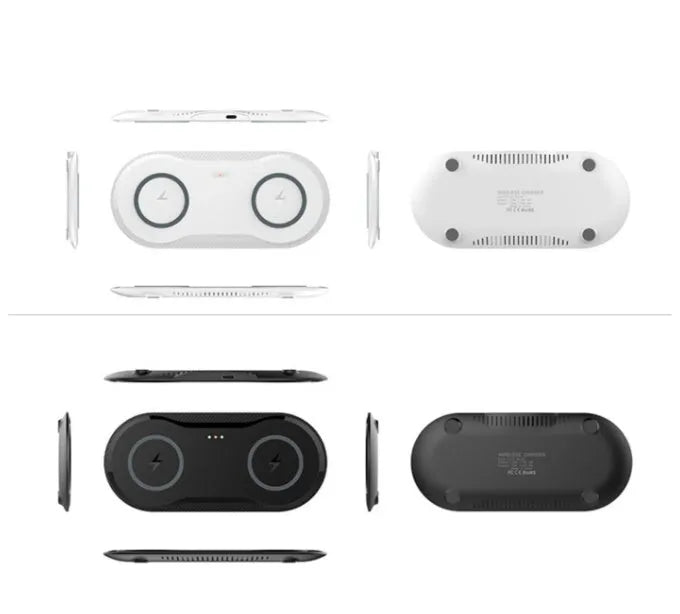 Black and white dual wireless charging pad for two phones with separate fast-charging coils