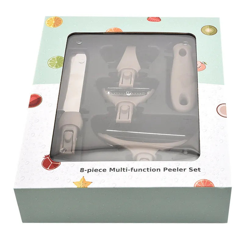 Green eight-piece multi-function kitchen planer set with disassemblable components on a PP base.