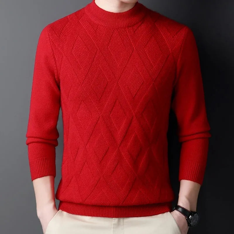 Men's diamond jacquard knit winter sweater in wool blend, shown in light camel colour