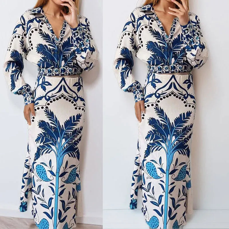 Women's early spring casual fashion set with long sleeve top and matching long skirt in picture colour