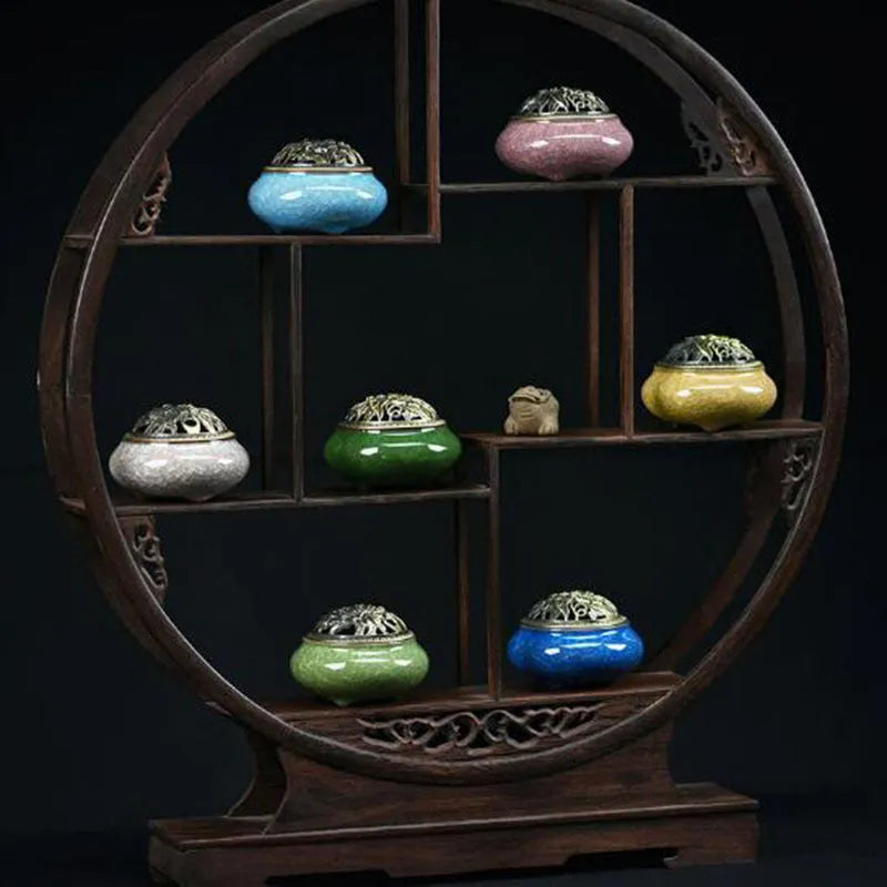 Ceramic retro incense burner with 8cm diameter available in multiple colours including amber yellow and sapphire blue