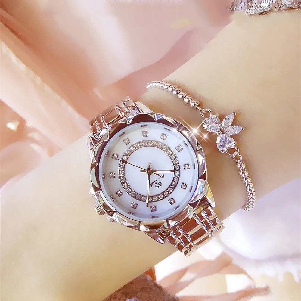 BS New Diamond Women's Watch with genuine diamond accents on a gold finish dial showing 3.2mm diameter