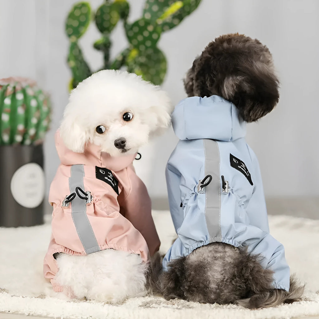 Blue waterproof hooded reflective raincoat for dogs on a white background