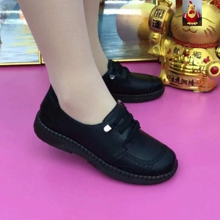 Soft leather women's low-heel non-slip shoes black brown PU leather beef tendon bottom lace-up autumn footwear