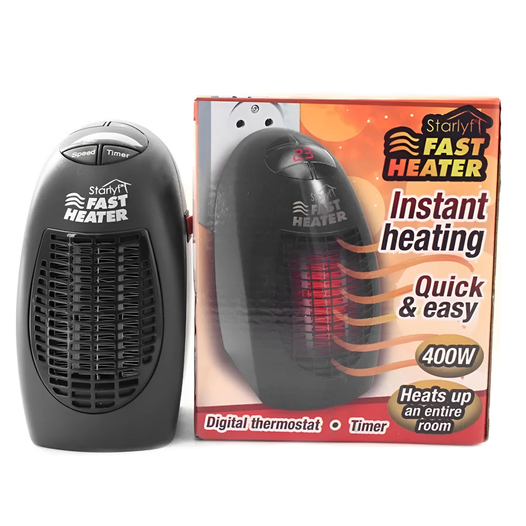 Compact black portable electric heater with digital display and a rotating plug.