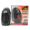 Compact black portable electric heater with digital display and a rotating plug.