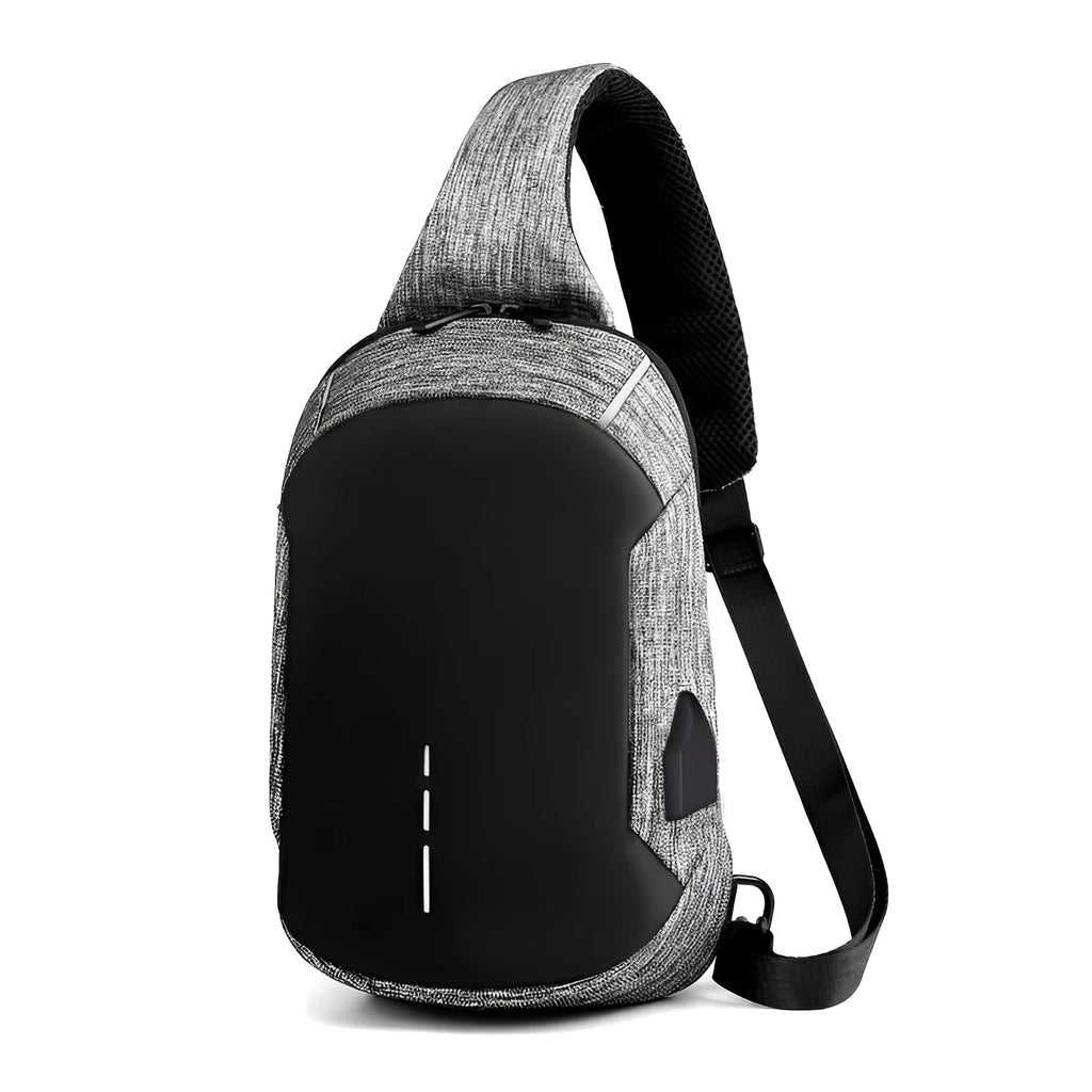Dark blue waterproof oxford cloth chest bag with a zipper and single strap.