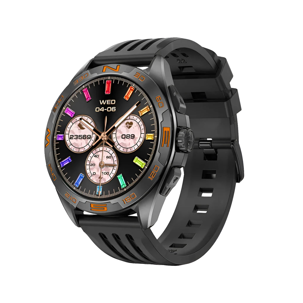 Smart watch displaying health metrics on its IPS screen, shown in a black steel colour variant with a standard strap.