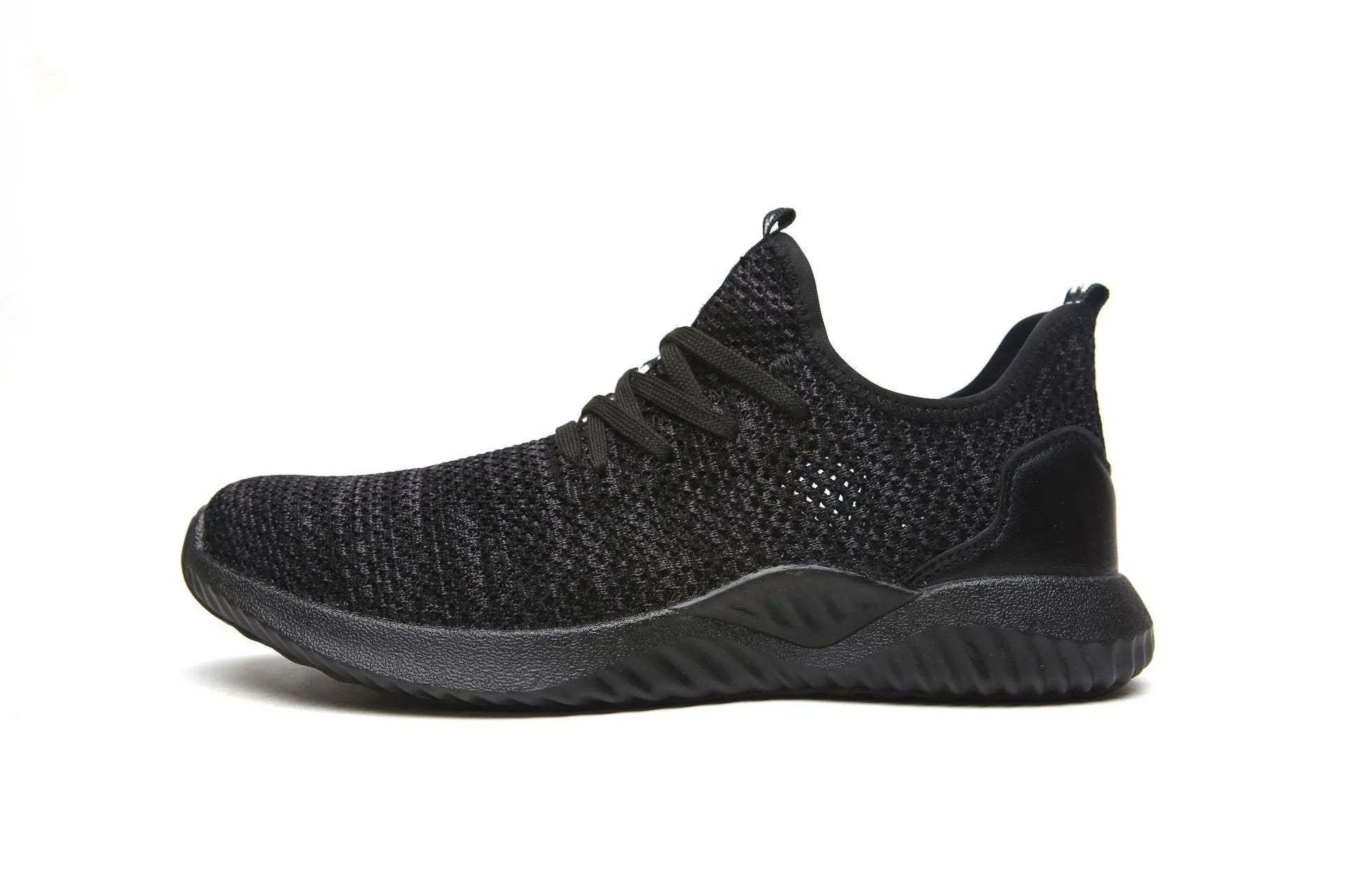 Black anti-static steel toe cap safety shoes with a low-cut EVA construction.