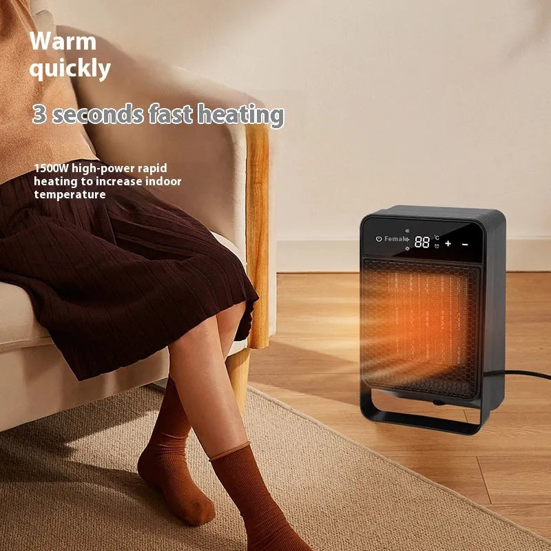 Black desktop electric heater with touch screen display and remote control on a wooden desk.