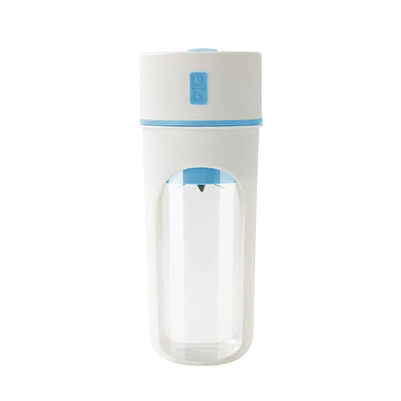 Blue portable USB electric juicer blender with 400ml clear plastic cup on a table