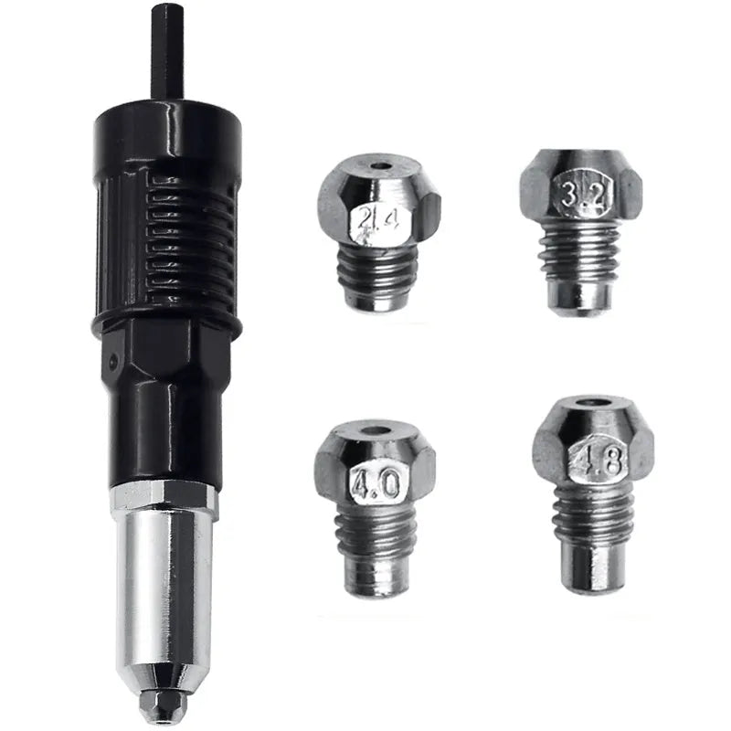 Black metal electric drill rivet gun with alloy steel forged head, 173mm long, shown with handle, wrench, and rivet heads.
