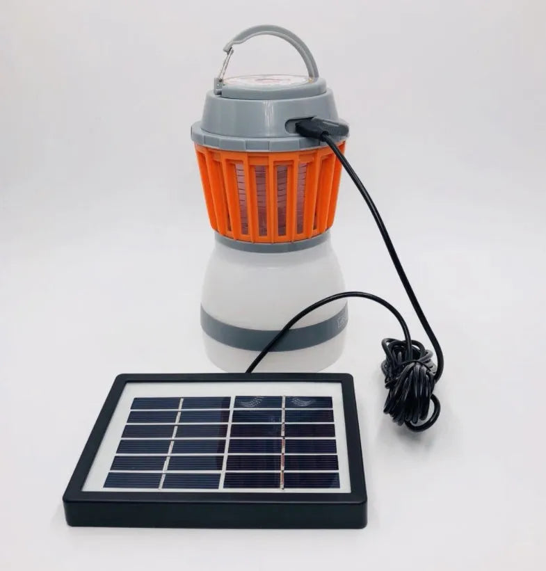 Solar mosquito lamp IPX6 waterproof with ABS housing, 16.5cm height, and 2200MAH battery on a camping table
