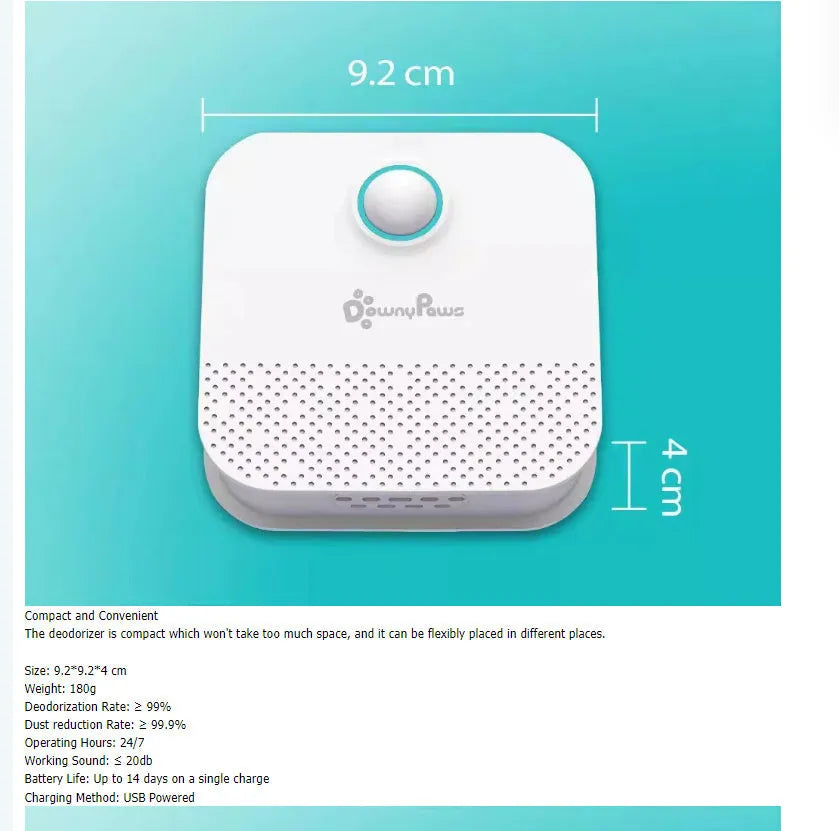 White square cat litter deodoriser unit measuring 9.2cm with USB charging port.