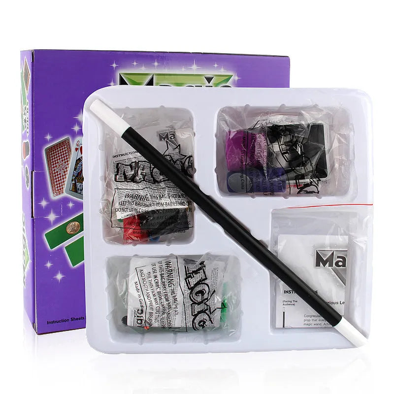 Purple and red plastic magic wand toy set for children aged 3-7 in cardboard packaging.