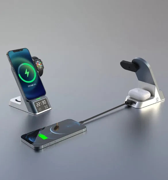 Black multifunctional wireless charging alarm clock dock for phone, Apple Watch, and earbuds.