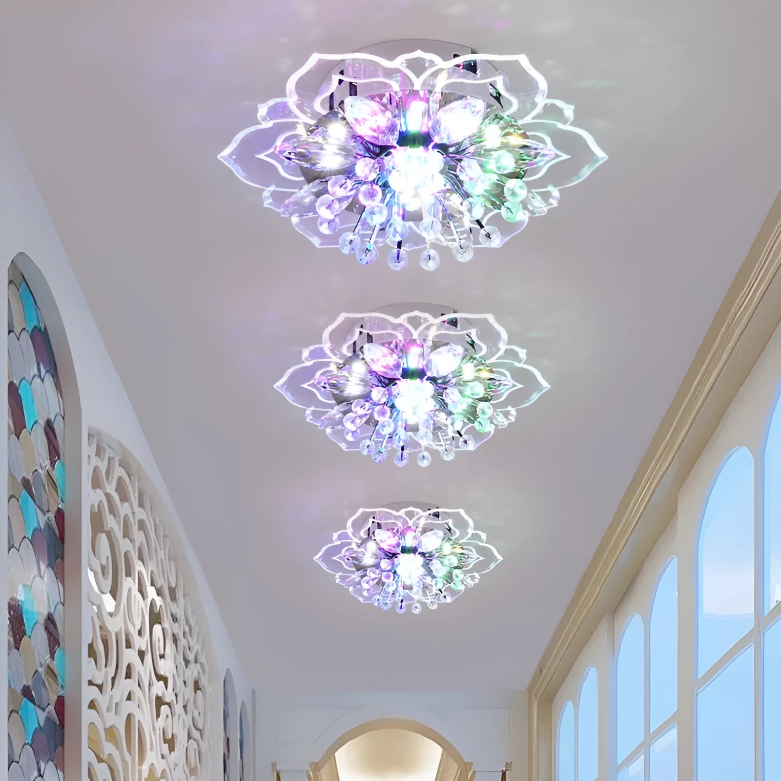 Modern crystal ceiling lamp with flower-shaped acrylic shade and stainless steel fittings