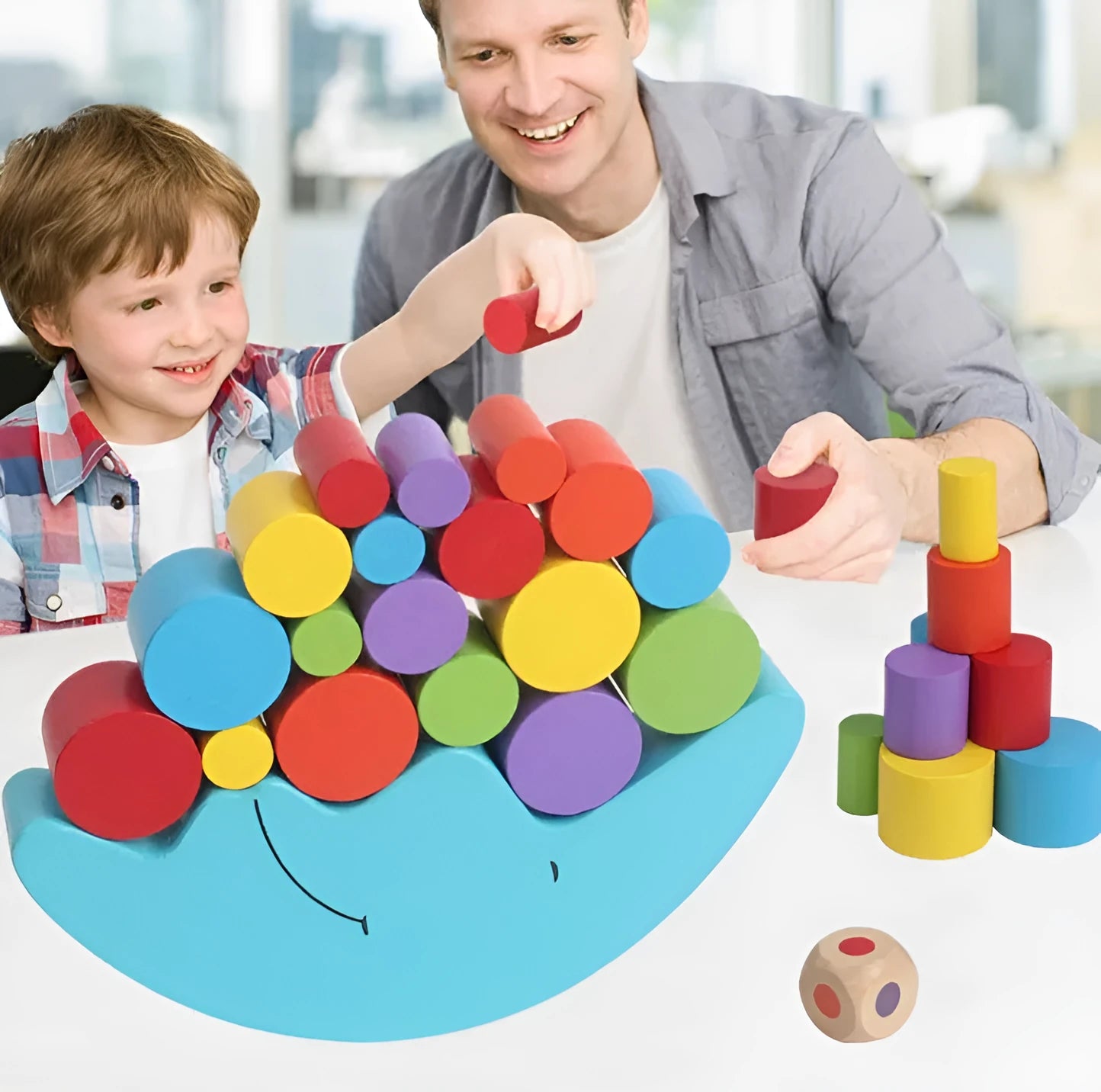 Wooden moon balance game toy in blue and yellow colours for children aged 2-4 years