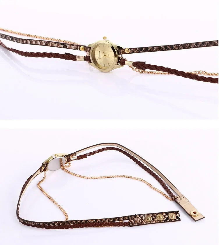 Ladies wrap watch with leopard weave bracelet and round alloy case on white background