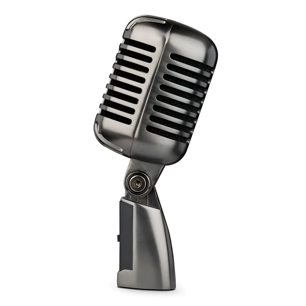 Retro-style silver condenser microphone with USB cable for PC recording and karaoke.