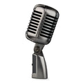Retro-style silver condenser microphone with USB cable for PC recording and karaoke.