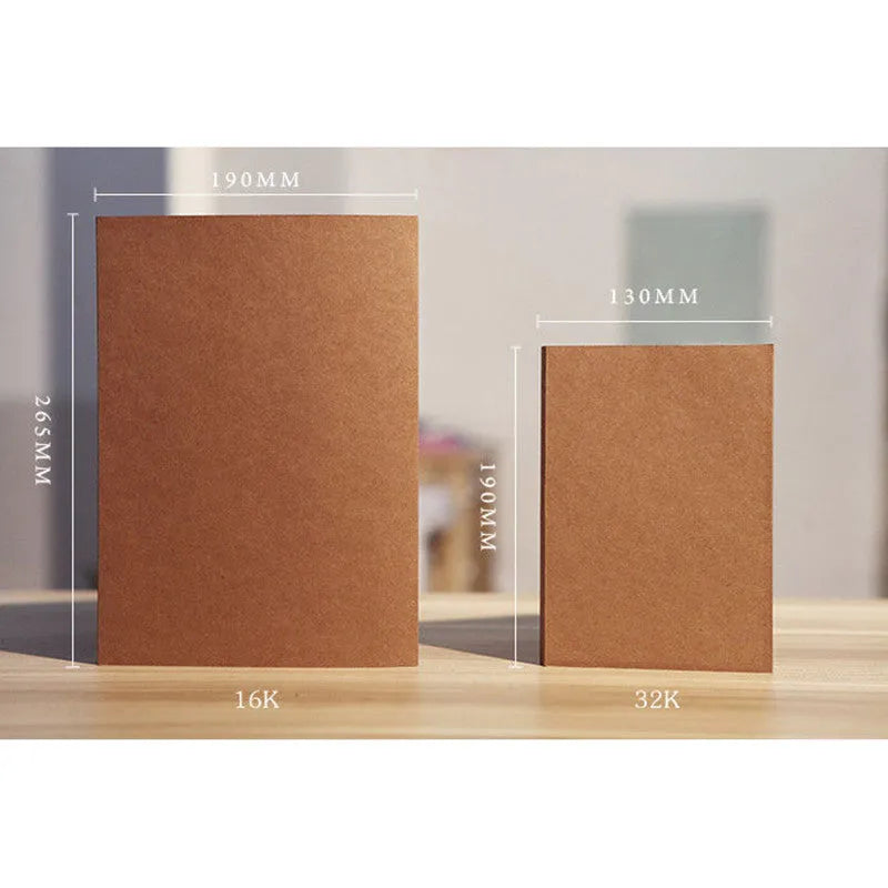 Brown kraft paper sketchbook open flat showing textured drawing pages and wireless binding.