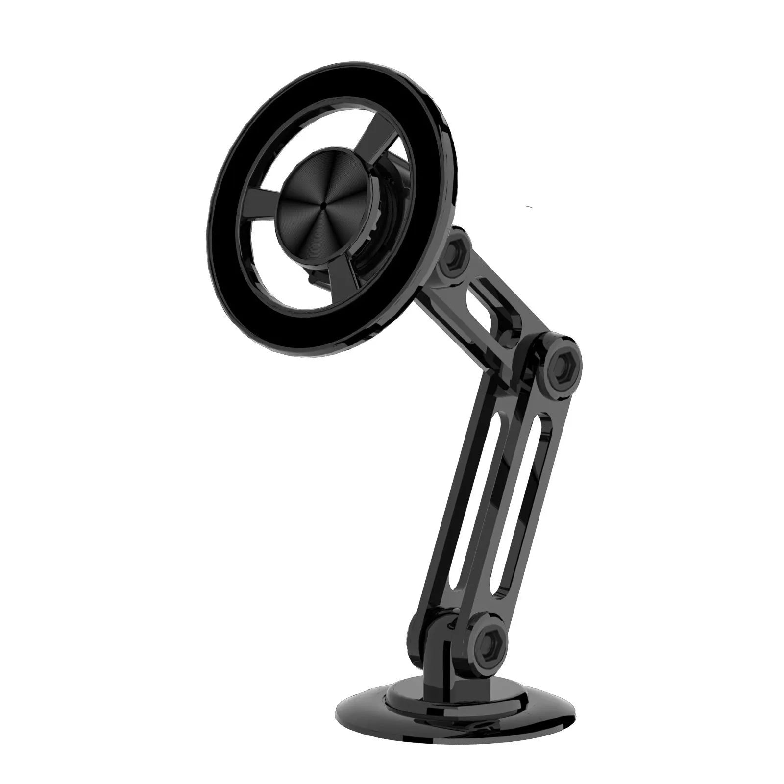 All-metal magnetic car phone holder mounted on a dashboard, showing 360-degree rotation.