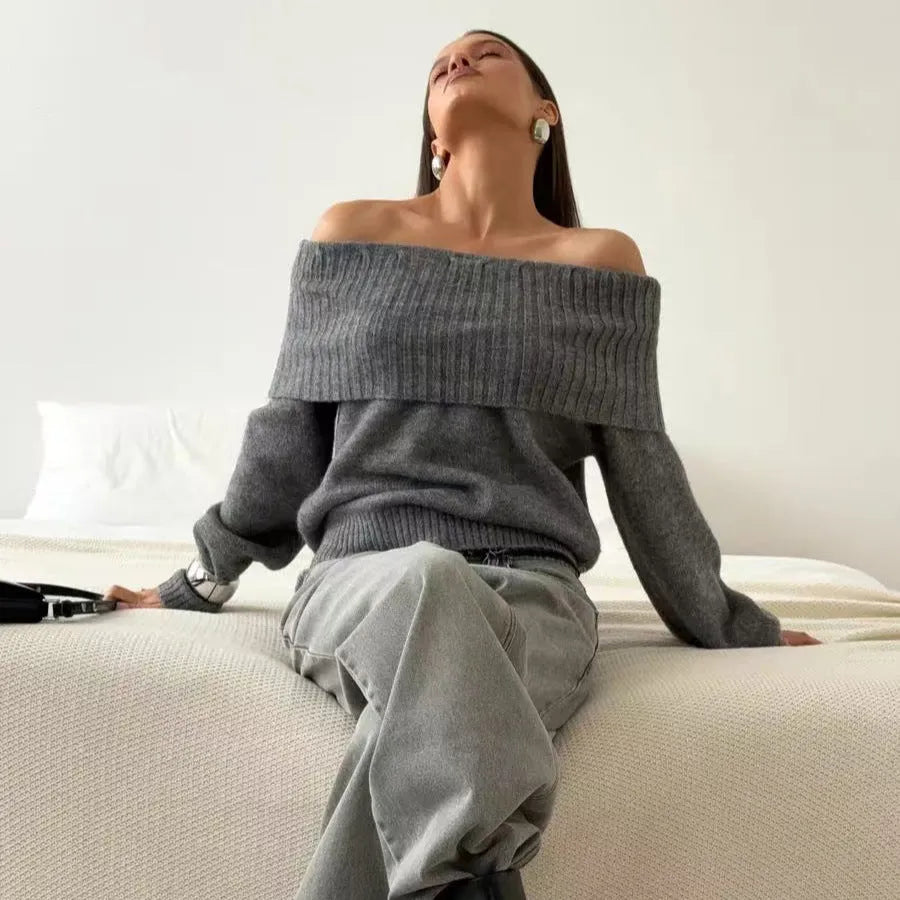 Grey off-the-shoulder women's sweater with a textured 3D rib knit pattern.