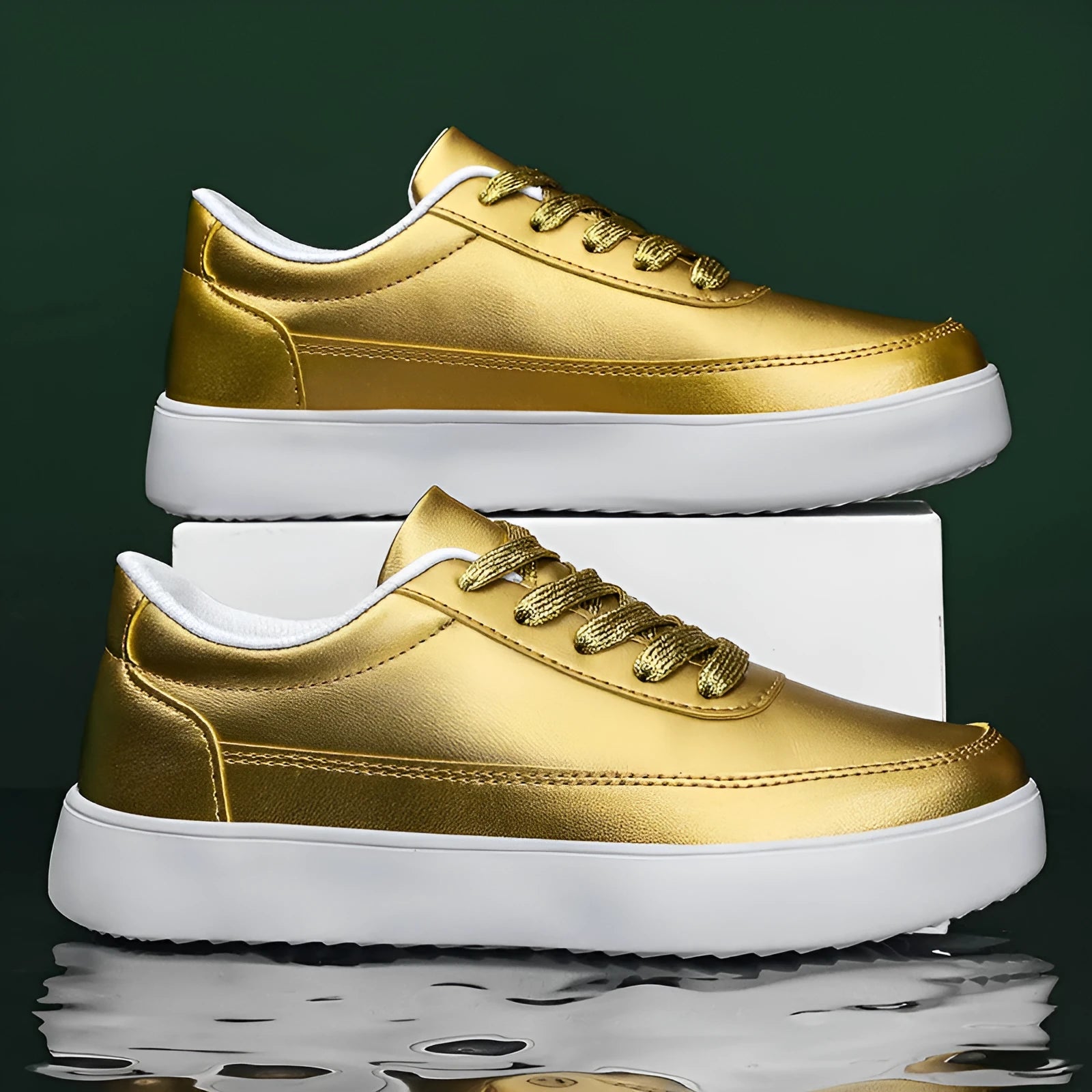 Women's white leather lace-up flat casual shoes on a solid background.