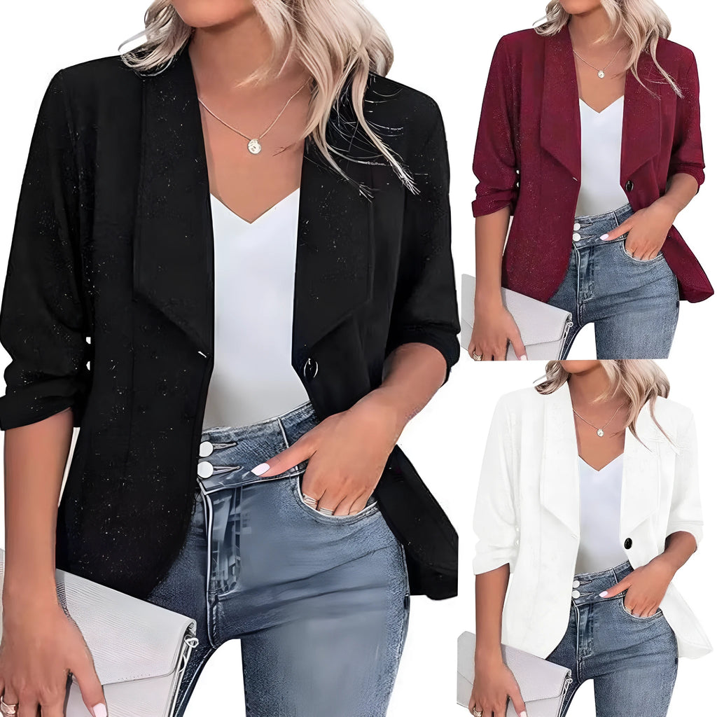 Close-fitting slim fit women's suit jacket cardigan in black, white, or wine red.