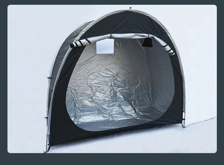 Black outdoor bicycle storage tent showing roof design and dimensions for two bikes