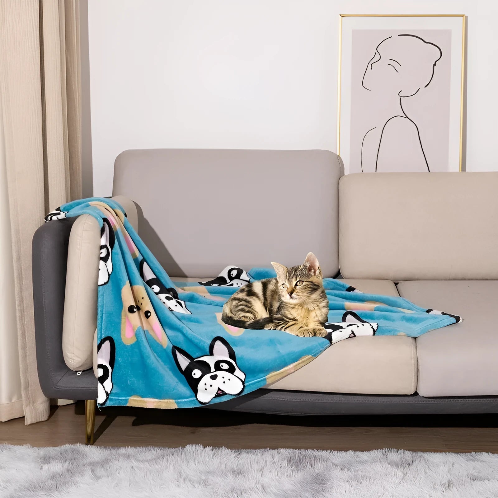 Blue cartoon dog pattern double-sided pet blanket shown on a dog bed, with size options 60x80cm, 100x120cm, 100x150cm.
