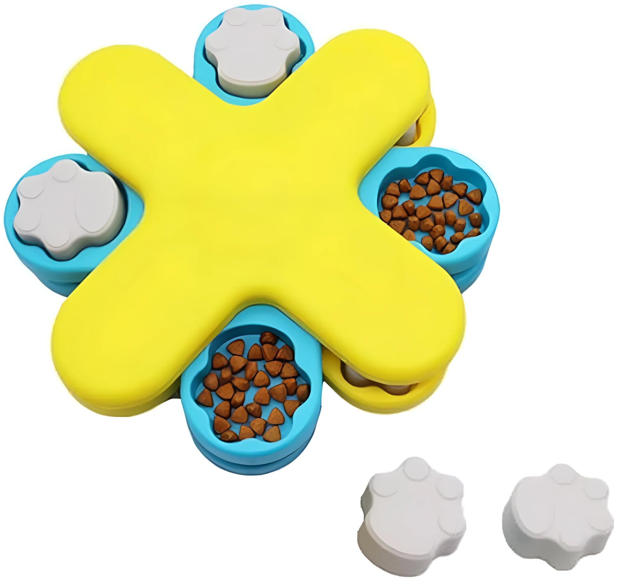 Yellow three-layer rotating dog puzzle feeder toy with non-slip base