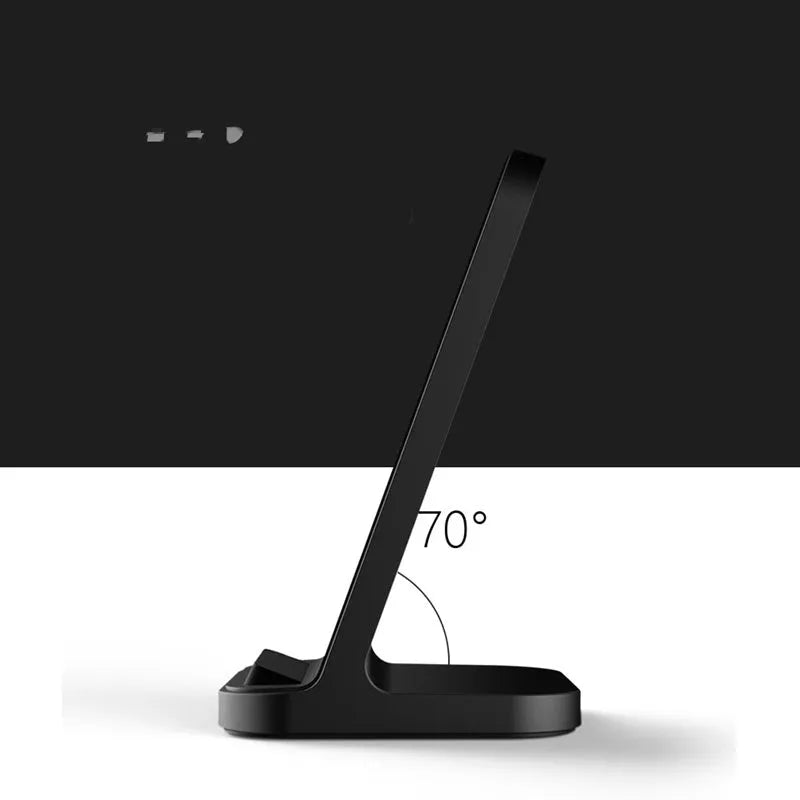 Dark grey vertical wireless charger for Apple iPhone on desktop