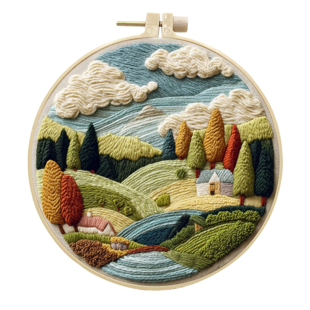 Embroidery DIY kit with 15cm bamboo frame, cotton linen fabric, and landscape design for handmade cloth art