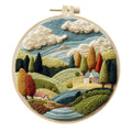 Embroidery DIY kit with 15cm bamboo frame, cotton linen fabric, and landscape design for handmade cloth art